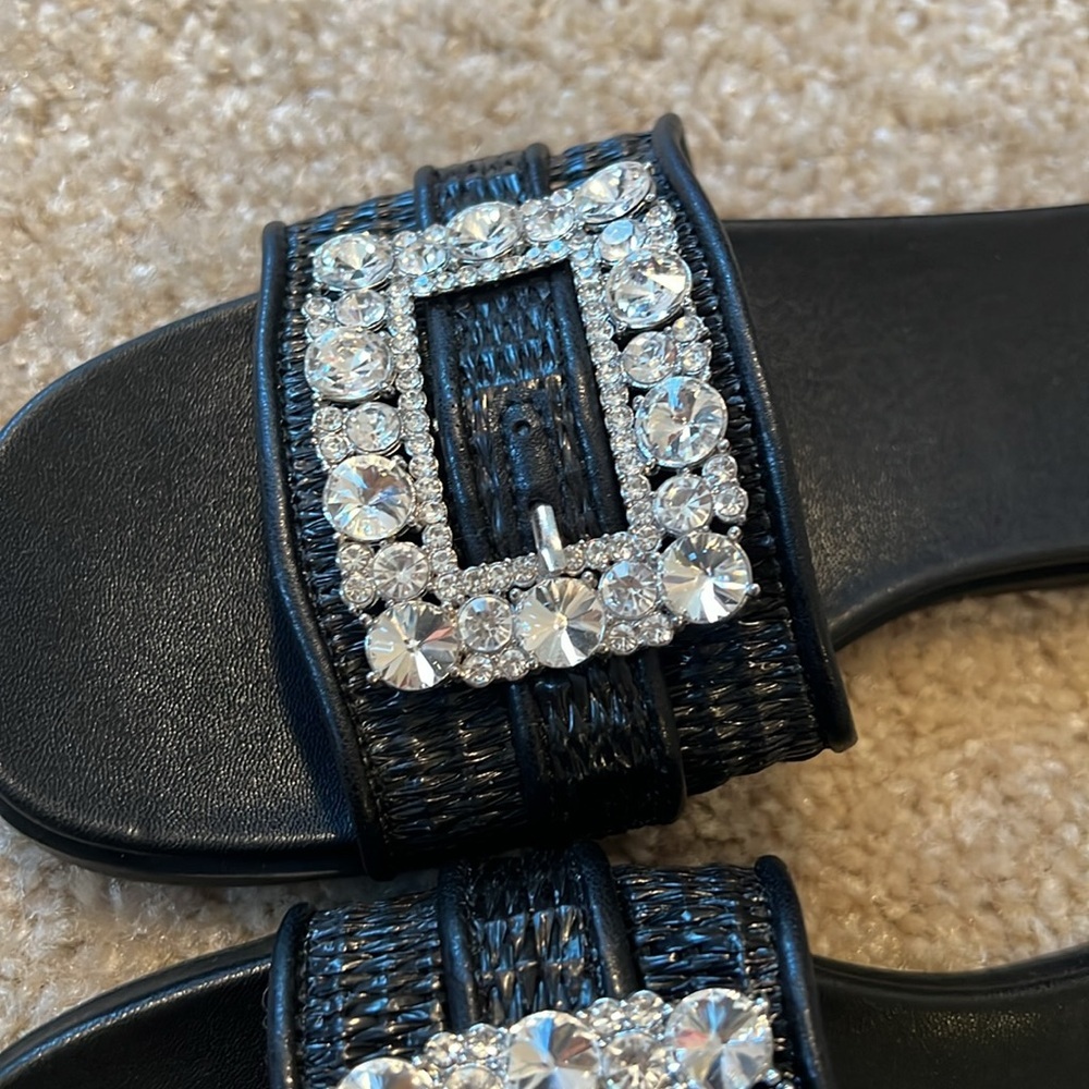Abound Kayde jeweled rhinestone buckle raffia slide sandal black size 7 shoe - Picture 6 of 7